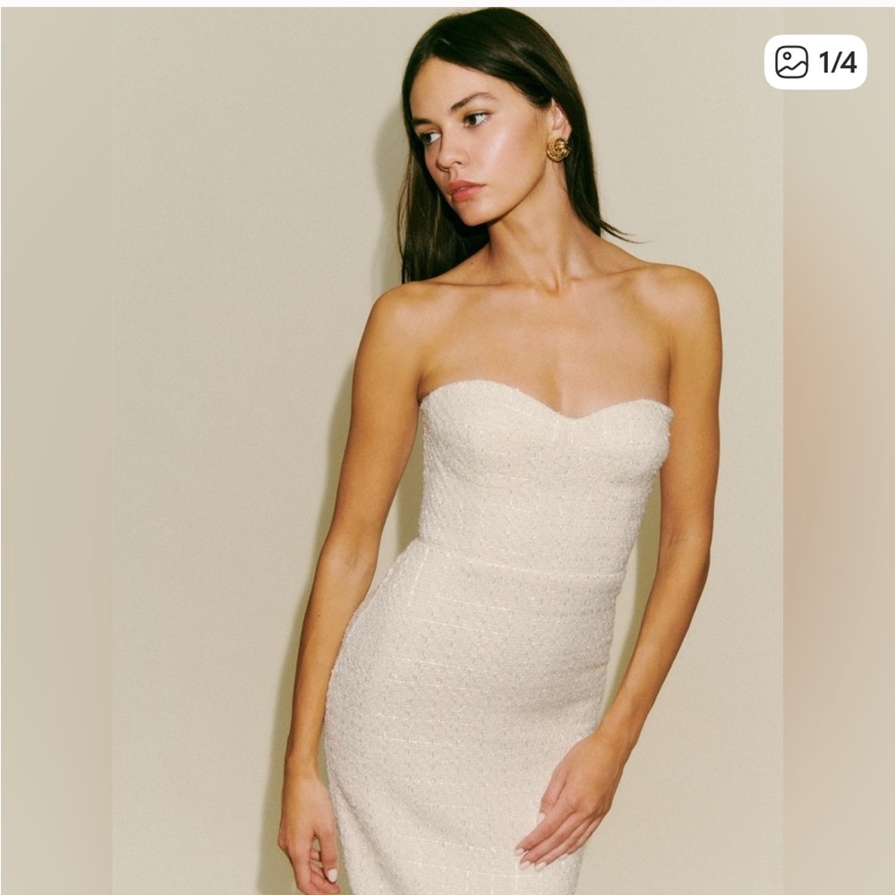Reformation Strapless Cream Textured Midi Dress